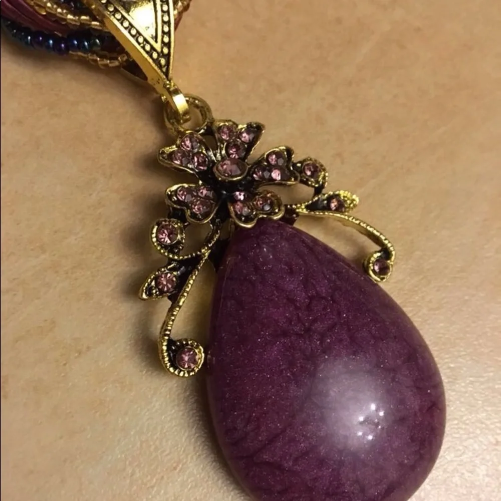 Witchy Boho Purple Stone Charm Braided Layer Drop Pendant Necklace